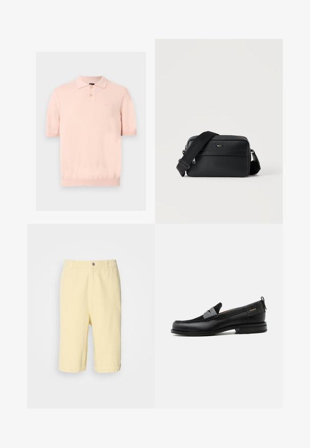 Hellrosa kurzärmliges Poloshirt mit zwei Knöpfen am Kragen und gerippten Abschlüssen an Ärmeln und Saum.; Gelbe Baumwoll-Shorts mit geradem Schnitt, mit einem Knopfverschluss vorne und umgeschlagenem Saum. Glatte Textur, lässiges Design.; Schwarzer Lederloafer mit grauem Riemendetail, niedrigem Absatz und strukturierter Sohle, seitlich mit „HUGO“ in Gold gebrandmarkt.; Schwarze, strukturierte Leder-Crossbody-Tasche mit vorderer Reißverschlusstasche und verstellbarem breitem Stoff-Schulterriemen auf weißem Hintergrund.
