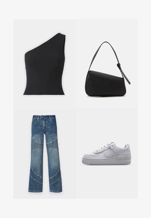 Schwarzes, einarmiges, geripptes Oberteil mit figurbetontem Design, das eine glatte Textur und einen asymmetrischen Halsausschnitt aufweist, ideal für den Alltag.; Hochtaillierte blaue Jeans aus Denim mit weitem Bein, versehen mit geschwungenen Nahtdetails und gerippten Teilen im unteren Bereich. Lässiger Stil.; Graue Nike Air Force 1 Sneaker mit perforierter Zehenpartie, Obermaterial aus glattem Leder, dicker Sohle und geprägtem 'AIR'-Detail an der Ferse.; Schwarze Lederhandtasche mit dreieckiger Form, schrägem Klappdeckel und rundem Oberhandgriff. Verfügt über eine glatte Textur und minimalistische Designdetails.