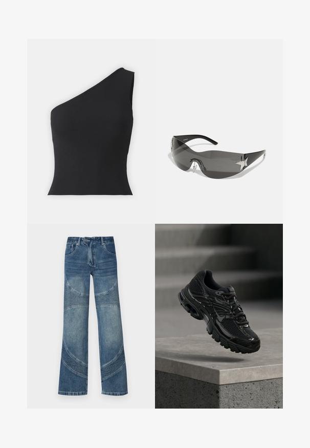 Schwarzes, einarmiges, geripptes Oberteil mit figurbetontem Design, das eine glatte Textur und einen asymmetrischen Halsausschnitt aufweist, ideal für den Alltag.; Hochtaillierte blaue Jeans aus Denim mit weitem Bein, versehen mit geschwungenen Nahtdetails und gerippten Teilen im unteren Bereich. Lässiger Stil.; Schwarzer Nike Laufschuh mit Mesh- und Synthetik-Obermaterial, der über einer Betonfläche und Treppen im Hintergrund schwebt.; Schwarze Sonnenbrille mit wrap-around Design, dunkel getönten Gläsern, glänzenden, sternförmigen Akzenten und verstellbaren Nasenpads.