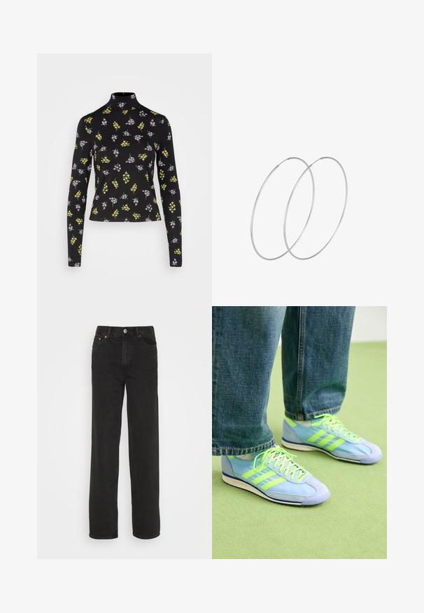 Monki Langarmshirt - sweetie; Schwarze Jeans im Straight-Leg-Stil mit fünf Taschen, Knopfverschluss vorn und Gürtelschlaufen, vor einem weißen Hintergrund präsentiert.; Hellblaue Sportschuhe mit grünen Akzenten, aus Wildleder und synthetischem Material, ausgestattet mit drei Streifen und einer strukturierten Sohle. Kombiniert mit lockeren Jeanshosen.; Silberne Creolen mit minimalistischem Design. Rundform, glatte Oberfläche und dünnes Profil. Leichtgewichtig mit hochglänzender Oberfläche.