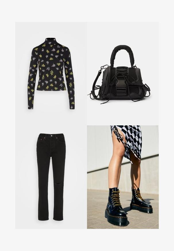 Monki Langærmet T-shirt - sweetie; Sorte denim jeans med en lige ben-design, der har en revnet knædetalje, fem lommer og kobberhardwaredetaljer på taljen.; Sorte læder platform støvler med chunky såler, guld snørebånd og orange syninger, kombineret med en ternet nederdel med en sideslids.; Sort håndtaske med en netlignende overflade, vævet håndtag og dekorativ snøring. Indeholder aftagelig rem og kontrasterende metaldele.