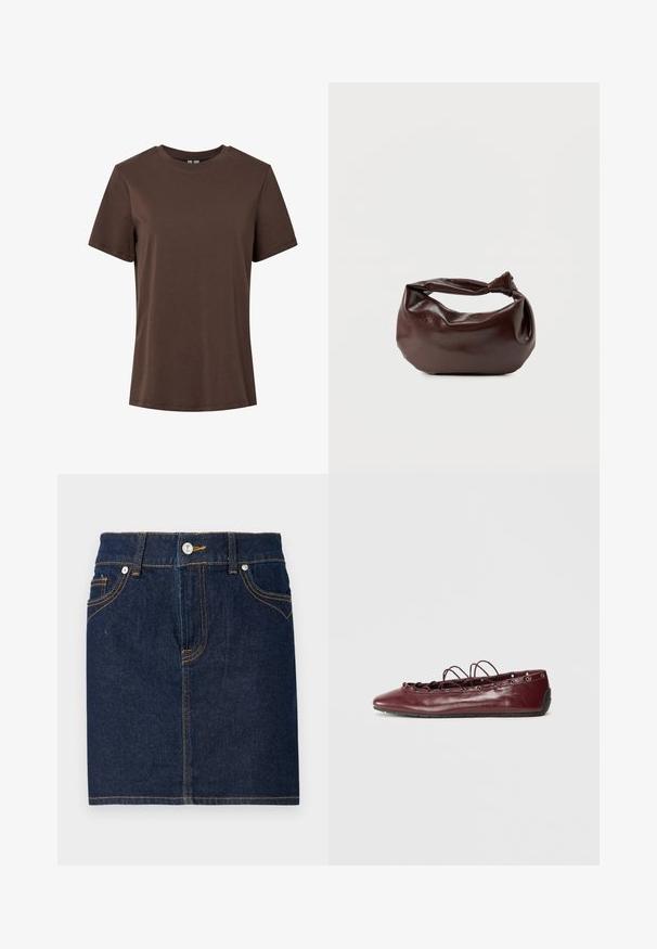 Effen bruine korte mouwen, ronde hals, katoenen T-shirt, weergegeven op een witte achtergrond.; Donkerblauwe denim rok met zichtbare stiksels, vijf zakken en een knoopsluiting aan de voorkant. Rechte snit met een schone zoomlijn.; Bordeaux leren ballerina's met een spitse neus, kantdetails aan de voorkant en zilveren oogjes. Zachte zool voor flexibiliteit en comfort.; Donkerbruine leren schoudertas met een zachte, slungelige vorm en een gedraaide knoopvormige handgreep op een effen witte achtergrond.