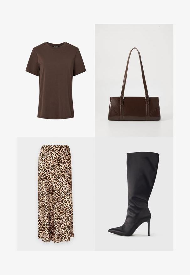 Camiseta de algodón marrón lisa de manga corta y cuello redondo, mostrada sobre un fondo blanco.; Falda larga de estampado de leopardo hecha de tejido suave. Base marrón clara con manchas negras y marrones. Diseño acampanado con dobladillo recto.; Bota negra hasta la rodilla con tacón de aguja, hecha de material liso y elegante; punta puntiaguda; ajuste ceñido con un sutil fruncido cerca del tobillo; tacón brillante.; Bolso de mano de piel sintética marrón con forma rectangular, dos asas largas y sutiles acentos curvados en la parte delantera.