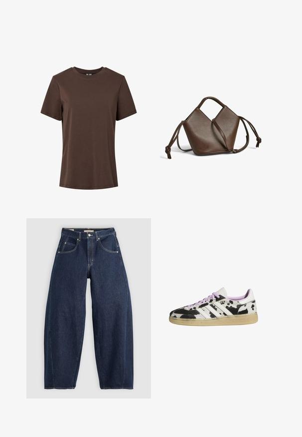 T-shirt en coton marron uni à manches courtes et col rond, présenté sur un fond blanc.; Jean en denim bleu foncé, à coupe ample, avec des coutures claires, cinq poches et un bouton de fermeture à la taille.; Baskets basses avec imprimé vache noir et blanc, bandes blanches, lacets roses et semelle en caoutchouc gum.; Sac à main en cuir marron foncé avec forme géométrique, poignée supérieure, bandoulière réglable et détails de cordon noué sur les côtés.