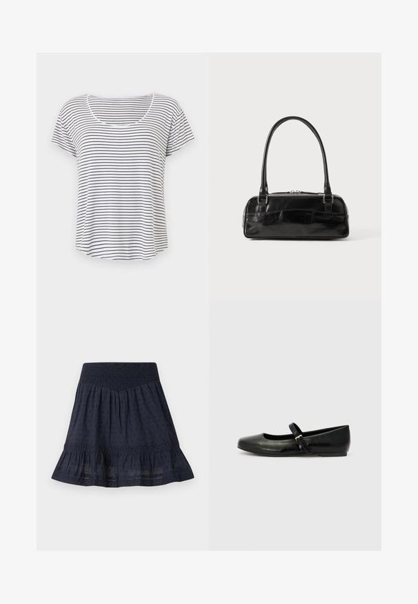 T-shirt blanc à manches courtes avec de fines rayures horizontales noires et un col arrondi, présenté sur un fond blanc uni.; Jupe bleu marine longueur genou avec taille smockée élastique, motif discret à pois et ourlet volanté.; Ballerines en cuir noir avec un bout arrondi, une semelle plate et une fine sangle ajustable sur le cou-de-pied avec une boucle en métal.; Sac à main en cuir noir de forme rectangulaire, doté d'une seule ansse structurée, de quincaillerie argentée et d'une fermeture éclair. Texture lisse.
