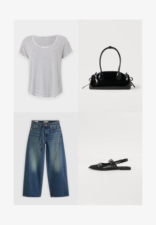 Camiseta blanca de manga corta con finas rayas horizontales negras y cuello redondeado, mostrada sobre un fondo blanco liso.; Jeans de mezclilla de pierna ancha en azul oscuro con un diseño desgastado, que presentan una cinturilla con cordón y un estilo de cinco bolsillos.; Even&Odd by Zalando Bailarinas con tira trasera - black; Pequeño bolso negro brillante con dos asas largas y detalles de cordón lateral sobre un fondo claro liso.