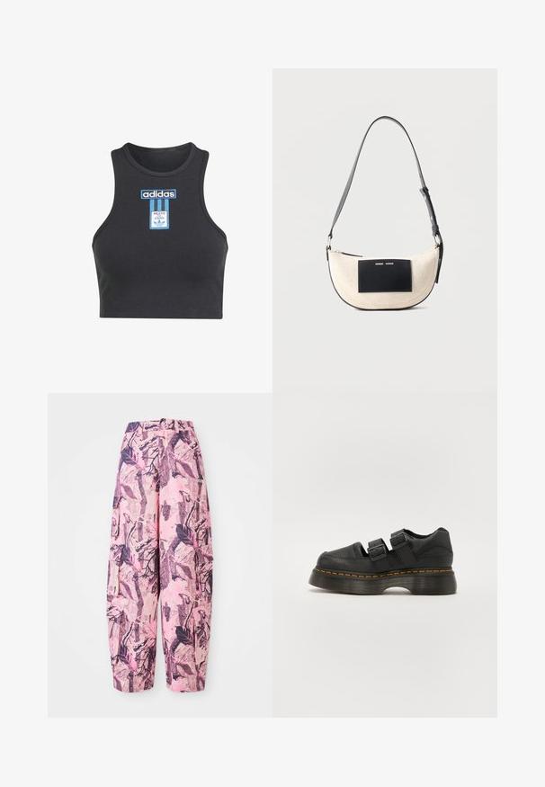 Sort ribbet crop top med rund halsudskæring, der har et blåt Adidas-logo og label på forsiden. Stoffet ser strækbart og tætsiddende ud.; Lyserøde og lilla mønstrede vide bukser har et blad- og grenmønster, med høj talje og sidelommer for ekstra funktionalitet.; Sorte lædersko med to justerbare spænder, forhøjet tekstureret sål og synlig orange syning langs mellemsålen.; Beige skuldertaske formet som en halvmåne med justerbar sort rem og sort rektangulært mærke foran med lille hvid tekst.