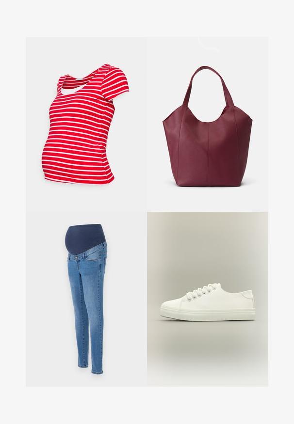 Anna Field MAMA by Zalando MATERNITY DOUBLE LAYER NURSING - T-shirts print - dark red / multicoloured; Graviditetsjeans med en blå elastisk talje og slim-fit ben, lavet af lys blå denim med lidt falmning og standard baglommer.; Hvid lavtop sneaker med hvide snørebånd og gummisål vist fra siden på en neutral baggrund.; Bordeaux læder tote taske med to robuste håndtag, der har en glat tekstur og en konisk design med sømdetaljer foran.