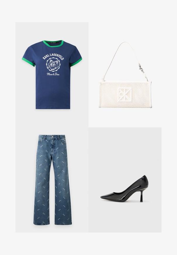 Marineblauw T-shirt met groene bies op mouwen en kraag, met witte kattenafbeelding en tekst "KARL LAGERFELD Muse & Diva".; Lichtblauwe denim Jeans met een brede pijpenontwerp, met een herhaald 'lala' logo patroon in het wit en een klassieke vijf-pocket stijl.; Zwarte lakleren high heel pump met een spitse neus, slank ontwerp en een smalle stiletto hak, met een gladde, glanzende textuur.; Witte rechthoekige handtas van gaas met een enkele riem en een vierkante decoratieve embleem aan de voorkant.