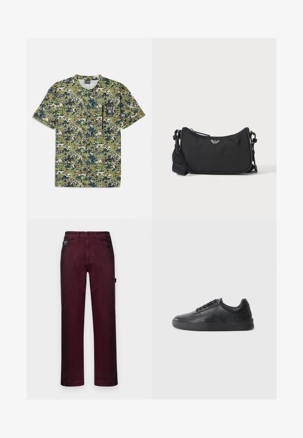 Kurzärmliges T-Shirt mit einem Camouflage-Muster in Grüntönen, Marineblau und Beige, ausgestattet mit einer Tasche und einem Etikett auf der Vorderseite.; Burgunderfarbene Denim-Hosen mit geradem Schnitt, fünf Taschen, Metallknopfverschluss und Gürtelschlaufen für eine verstellbare Passform.; Schwarze Leder-Sneaker mit glatter Oberfläche, abgerundeter Zehenpartie, strukturiertem Seitenpaneel und schwarzen Schnürsenkeln. Verfügt über eine flache Gummisohle und ein minimalistisches Design.; Schwarze rechteckige Crossbody-Tasche mit silbernem Markenlogo-Emblem und verstellbarem Riemen auf hellem Hintergrund.