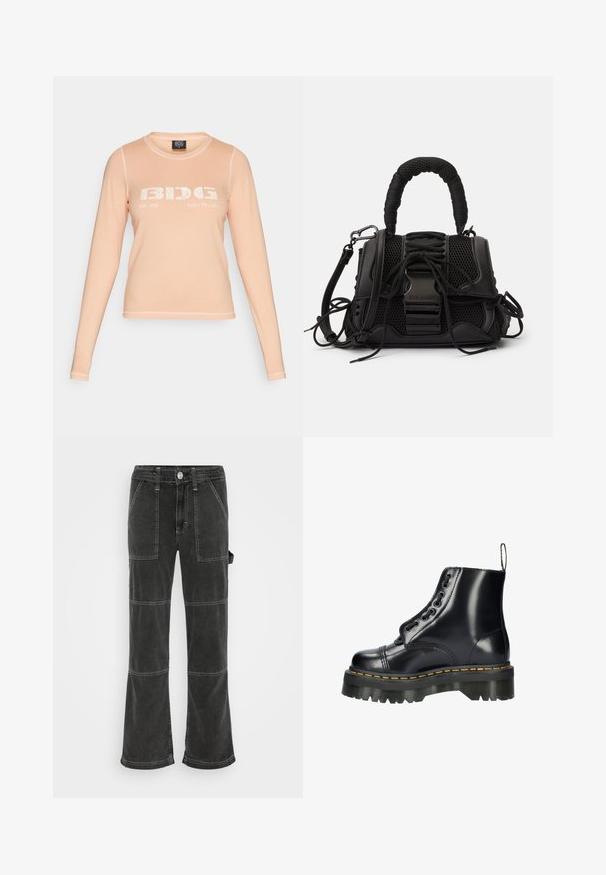 Langærmet ferskenfarvet t-shirt lavet af blødt stof, med en hvid grafisk tryk "BIDG EST. 1998 BUILT TO LAST" på forsiden og kontrastsyninger.; BDG Urban Outfitters UTILITY SKATE - Jeans Relaxed Fit - washed black; Sort læder ankelstøvle med en grov sål, der har dekorativ snøring, gul stikning i kanten og en løftesløjfe ved hælen.; Sort håndtaske med en netlignende overflade, vævet håndtag og dekorativ snøring. Indeholder aftagelig rem og kontrasterende metaldele.