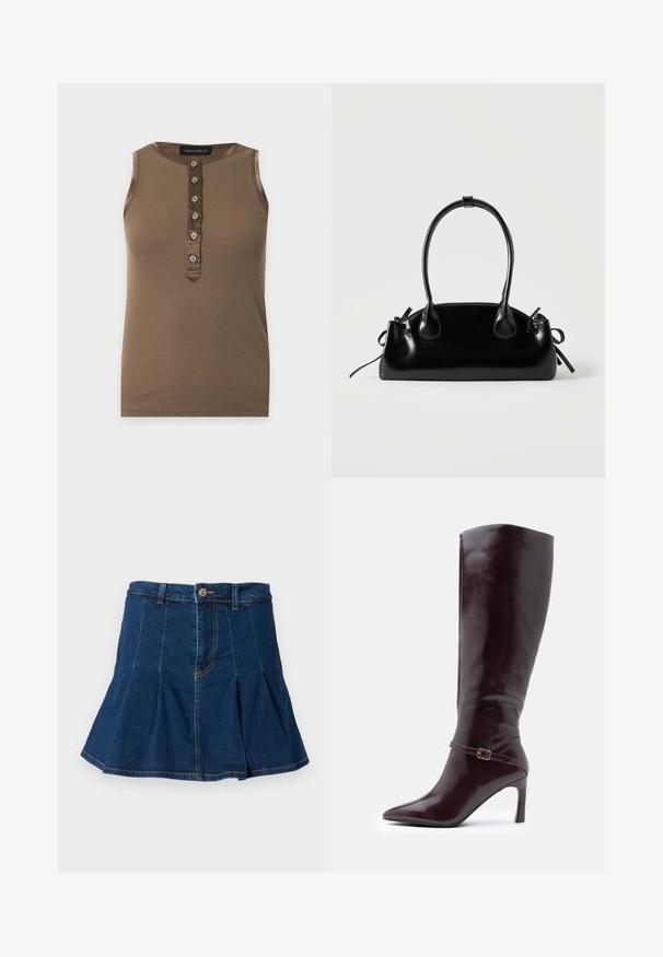 Ærmeløs brun ribbet tanktop med seks forreste knapper og rund halsudskæring, mærket Anna Field.; Jeansnederdel i mørkeblå med plisseret design, fem lommer, frontknaplukning og kontrasterende syninger.; Brune læder knæhøje støvler med spids tå, stiletthæl og et dekorativt spænde om anklen. Glat tekstur.; Lille sort blank håndtaske med to lange håndtag og snøre-detaljer i siden på en ensfarvet lys baggrund.