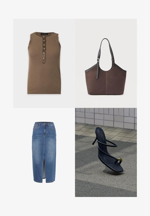 Ærmeløs brun ribbet tanktop med seks forreste knapper og rund halsudskæring, mærket Anna Field.; Denim nederdel med en frontslids, i midlængde, i en lys til mellemblå vask. Har fem lommer og en talje med bæltestropper.; Sort hæl-sandal med stropper og tå-ring med en guldkugle, svævende over tekstureret fortov og flisebelagt væg i baggrunden.; Brun tote-taske med sorte justerbare skulderstropper og sølvspænde, glat tekstur, enkelt og struktureret design på en ensfarvet baggrund.