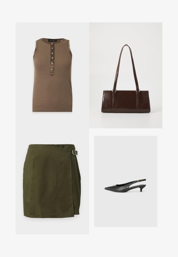 Débardeur marron côtelé sans manches avec six boutons sur le devant et col rond, marque Anna Field.; Jupe portefeuille en vert olive dans un tissu léger, avec une fermeture à boucle sur le côté et un ourlet légèrement asymétrique. Texture lisse.; Chaussure slingback noire à bout pointu en cuir lisse. Présente un talon fin et un détail de boucle sur la sangle réglable.; Sac à main en cuir verni marron de forme rectangulaire, avec deux longues poignées et des accents courbés subtils à l'avant.