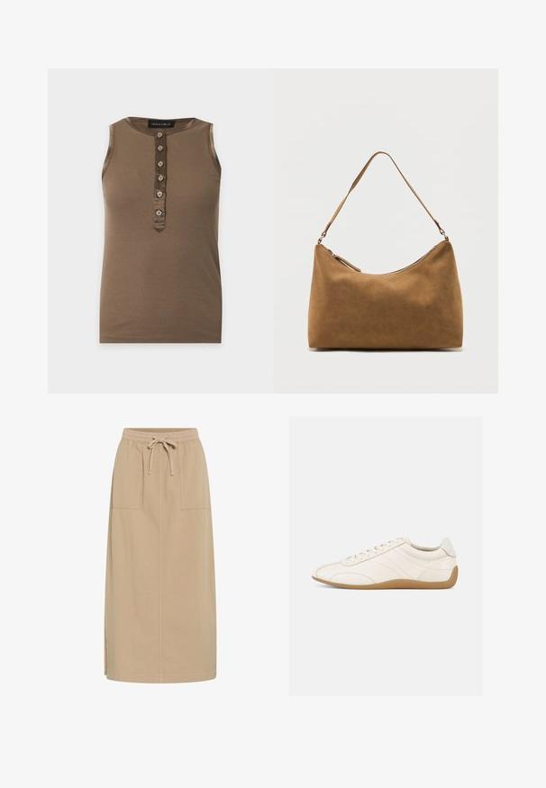 Ærmeløs brun ribbet tanktop med seks forreste knapper og rund halsudskæring, mærket Anna Field.; Beige bomuldsnederdel med snoreliv, to sidelommer, lige pasform og sideslidser for nem bevægelse. Glat tekstur.; Hvid lædersneaker med en glat tekstur, rund tå og tonale syninger. Har en tanfarvet gummisål og snørebånds-lukning.; Brun skuldertaske i ruskind med enkelt rem og lynlås øverst, vist mod en ensfarvet hvid baggrund.