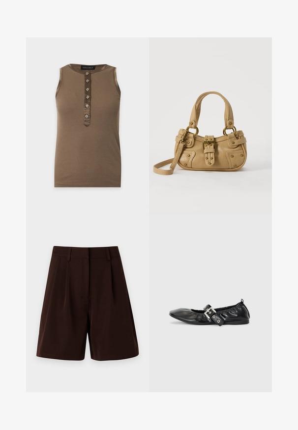 Ærmeløs brun ribbet tanktop med seks forreste knapper og rund halsudskæring, mærket Anna Field.; Brune plisserede shorts lavet af letvægtsstof. Har en klassisk talje og sidelommer, med en lige pasform og kantede kanter.; Sorte læder flade sko med spids tå, samling detaljer omkring åbningen, og en sølv spænde accent på den justerbare rem.; Beige læderhåndtaske med dobbelte håndtag, messing spænde og nitte detaljer samt en justerbar skulderrem mod en hvid baggrund.