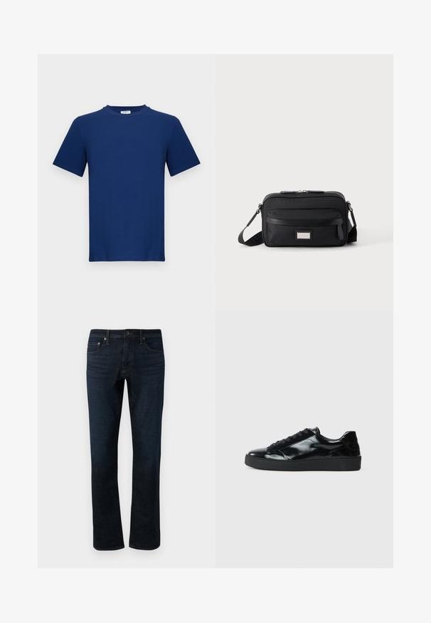 Camiseta de color azul marino de manga corta hecha de algodón. Presenta un cuello redondo y un corte recto, con una textura suave y sin patrones visibles.; Jeans de mezclilla azul oscuro con corte recto, que presentan un diseño clásico de cinco bolsillos y detalles de costura sutiles.; Zapatillas de charol negro con punta redonda, diseño con cordones, suela de goma texturizada y acabado suave.; Bolso bandolera rectangular negro con bolsillo frontal con cremallera, correa ajustable y placa de logo rectangular plateada sobre fondo liso.