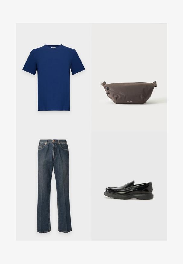 Marineblaues T-Shirt mit kurzen Ärmeln aus Baumwolle. Es hat einen Rundhalsausschnitt und einen geraden Schnitt, mit einer glatten Textur und ohne sichtbare Muster.; Dunkelblaue, gerade Jeans aus Denim mit vorderem Knopf, Reißverschluss, doppelten vorderen Taschen und sichtbaren vertikalen Falten entlang der Beine.; Schwarze Lederloafer mit glanzendem Finish, abgerundetem Zehenbereich, subtilen Steppnähten und einer dicken Gummisohle für Langlebigkeit.; Dunkelbraune Stoff-Gürteltasche mit diagonalem Reißverschlussfach und kleinem weißen Logo vorne, vor einem einfarbigen hellen Hintergrund.