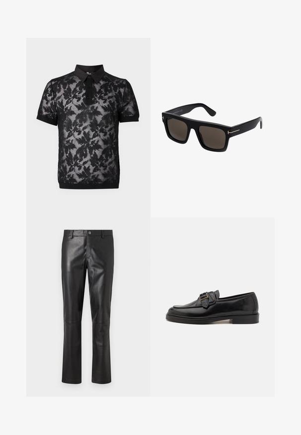 The Kooples PULL - Poloshirts - black; Sorte læderbukser med en glat overflade, lige ben-design og diskrete stikninger langs sømmene. Har en knaplukning i taljen.; Sorte læder loafers med rund tå og en dekorativ spændeaccent. Flad, solid hæl og glat tekstur hele vejen igennem.; Sorte firkantede solbriller med mørke linser, der har guldtonede accenter på stængerne og en glat plastikoverflade.
