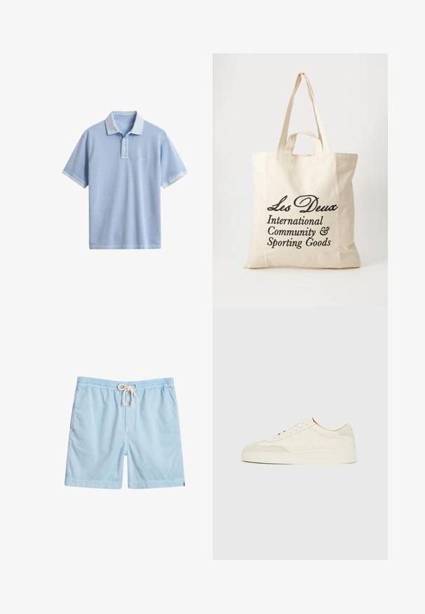 Polo de manga corta de color azul claro con cuello, tapeta de dos botones y logo sutil en el pecho izquierdo sobre un fondo blanco liso.; Bañador azul claro de tejido suave, con cintura elástica, bolsillos frontales y cordón de ajuste para mayor comodidad.; Zapatillas de ante blanco con acabado liso, puntera redonda, diseño plano con cordones y detalles texturizados contrastantes. Presentan un detalle de logo sutil.; Bolsa de algodón beige con dos asas resistentes. Presenta un texto impreso en negro: "Les Deux International Community & Sporting Goods."