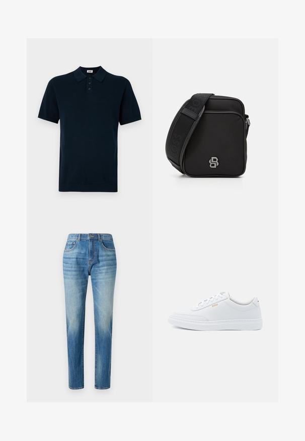 Marineblauwe polo met korte mouwen, voorzien van een gestructureerde stof, een drieknoopsluiting en gebreide kraag en manchetten.; Lichtblauwe denim jeans met een rechte pijp, voorzien van een hoge taille, subtiele vervaging en klassieke vijf-pocket stijl. Metalen knoopsluiting.; Witte leren sneakers met een gladde textuur, ronde neus en tonale stiksels. Voorzien van blauwe veters en een gouden logo op de zijkant.; Zwarte schoudertas van textuurstof met ritssluiting. Beschikt over een logo-accent en een gestreepte verstelbare schouderband. Compact vierkant ontwerp.