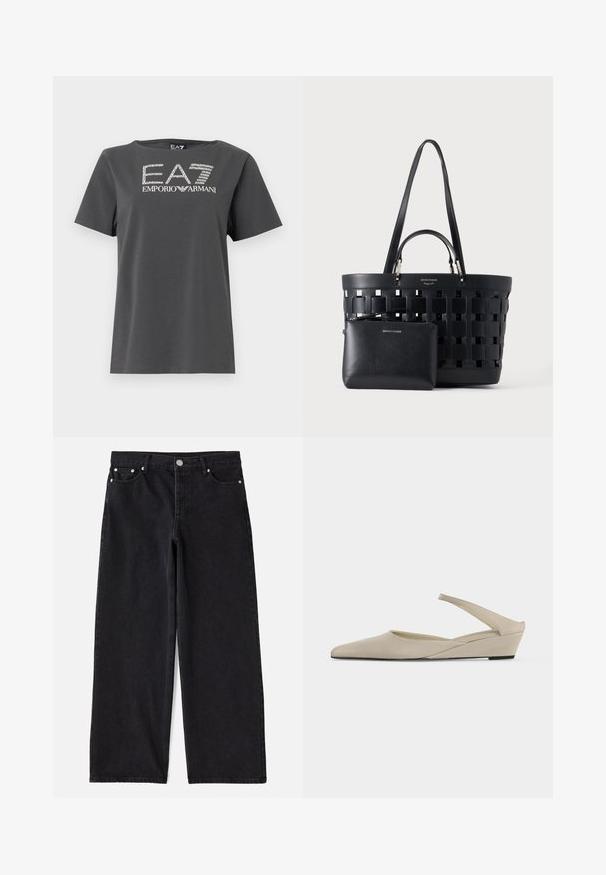 Sivá krátka bavlnená tričko s krátkym rukávom. Má bielu logo s textom "EA7" a "EMPORIO ARMANI" v štýlovom grafickom dizajne.; Čierne riflové nohavice s širokými nohavicami, piatimi vreckami, zapínaním na gombík a striebornými prvkami. Majú čistý, strihovaný siluetu a jemnú textúru.; Béžová nízka klinová obuv so zapínaním za pätou, špičatou špičkou a hladkým matným povrchom, zobrazená v bočnom profile na bielom pozadí.; Čierna pletená taška tote s dvojitými rúčkami a malou zodpovedajúcou vreckovou taštičkou so zipsom vpredu, obe z kože.