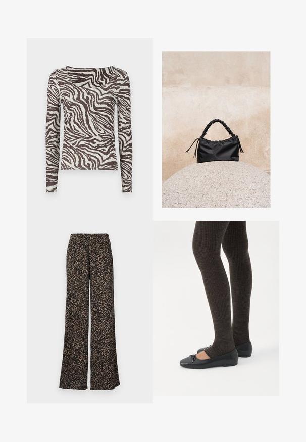 Langærmet bluse i brun og off-white med et zebra-stribet mønster. Glat tekstur og tætsiddende pasform med bred halsudskæring.; Bukser med vide ben med leopardprint i jordfarver af brun og sort, lavet af et blødt, let stof med en elastisk talje.; Ben iført mørke ribbede leggings kombineret med sorte balletsko med små sløjfedetaljer på hvid baggrund.; Sort håndtaske med rynkede detaljer og et samlet håndtag, hvilende på en tekstureret stensfære mod en beige betonvæg.