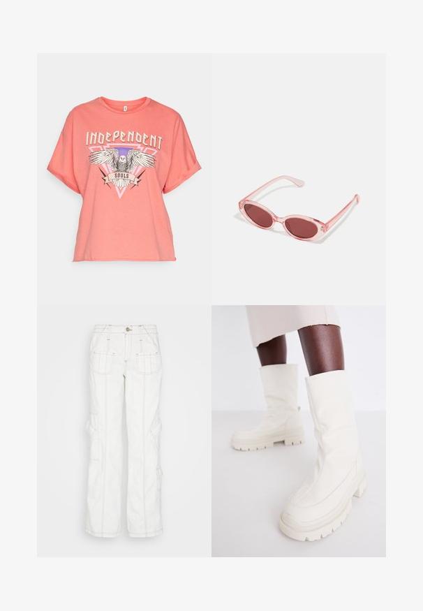 Koraalroze t-shirt met korte mouwen, gemaakt van zachte katoen, met een grafisch ontwerp van een arend en het woord "INDEPENDENT" in vetgedrukte letters.; BDG Urban Outfitters Relaxed fit jeans - white; Witte enkelboots met een zachte, gestructureerde afwerking, voorzien van een robuuste rubberen zool en een sculpturale vorm voor een modern ontwerp.; Roze transparante zonnebril met ovale lenzen, donkerrode tint en slanke pootjes, met een gladde afwerking en subtiele details op het frame.