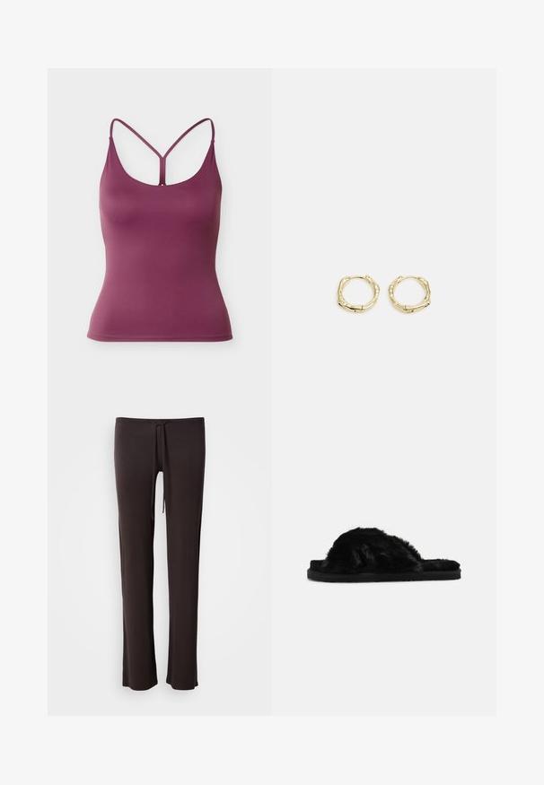 Ärmelloses lila Tanktop mit dünnen Trägern und einem Y-förmigen Rückendetail, hergestellt aus glattem, elastischem Stoff.; Schwarze, leichte Hose mit geradem Schnitt, Tunnelzugbund und glatter Textur; entworfen für Komfort und Bewegungsfreiheit.; Schwarze, pelzige Slipper-Sandalen mit einer weichen Textur, offener Zehenpartie und flacher schwarzer Sohle. Keine sichtbaren Beschläge oder Muster.; Goldene Creolen mit einer strukturierten, unregelmäßigen Form. Sie verfügen über einen nahtlosen Verschluss und eine polierte Oberflächenbehandlung, die ein modernes Design betont.