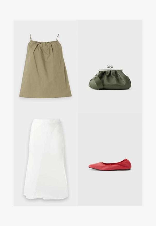 Vestido sin mangas color caqui con tirantes finos tipo espagueti y escote fruncido, colocado plano sobre un fondo claro.; Falda blanca de línea A con detalles de costura sutiles y una textura suave, mostrada sobre un fondo gris claro liso.; Filippa K REY FLATS - Bailarinas - bright red; Clutch de cuero verde oliva con diseño fruncido, marco de metal plateado y cierre de doble bola. Presenta una textura suave y una correa ancha.