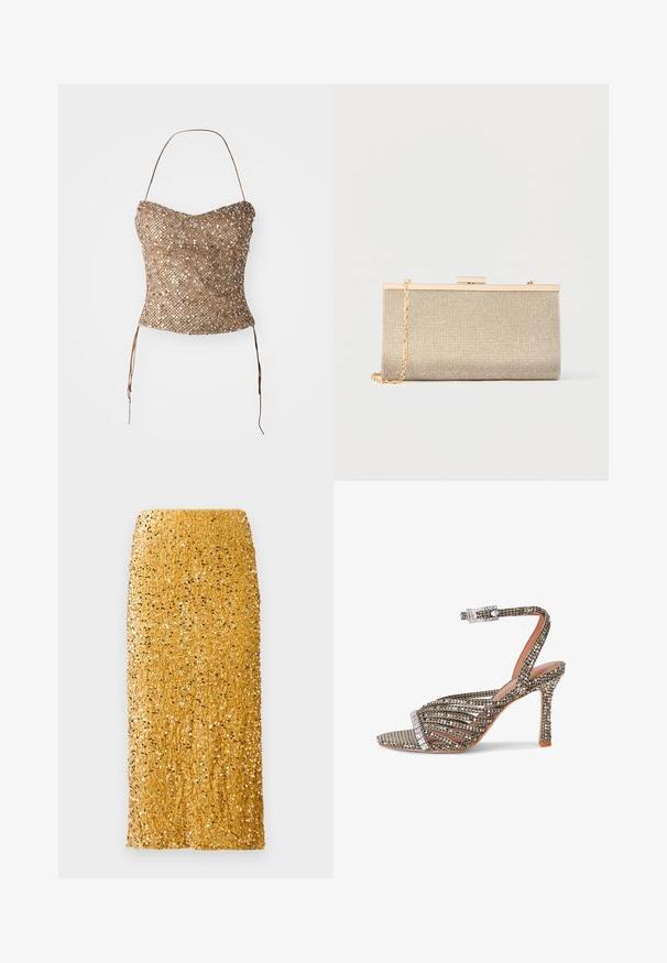 Top sin tirantes trenzado en dorado, con una superficie texturizada y con lentejuelas, y lazos en la cintura para un ajuste ajustable. Silueta lisa y ceñida.; Falda midi dorada cubierta de brillantes lentejuelas con corte recto y cintura alta sobre un fondo blanco.; Sandalia de tacón alto con finas tiras brillantes, una tira en el tobillo con hebilla de pedrería y una suela texturizada en tonos neutros.; Bolso de mano metálico dorado con textura de malla, forma rectangular estructurada, cierre dorado y correa de cadena desmontable para versatilidad.