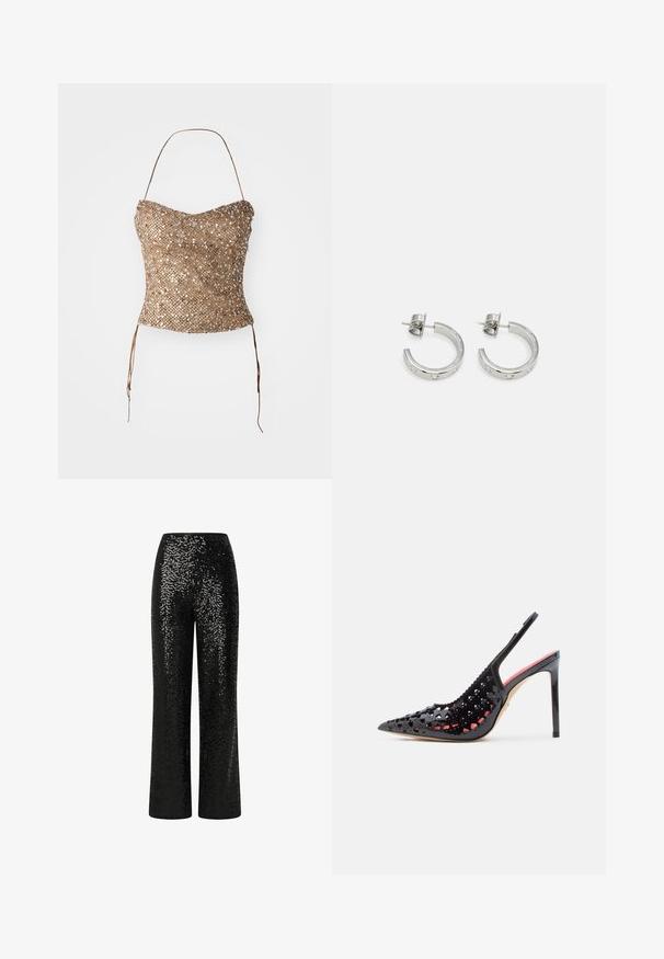 Vlecht strapless top in goud, met een gestructureerd, paillettenoppervlak en taillebanden voor een verstelbare pasvorm. Soepele, aangesloten silhouet.; Zwarte paillettentrousers met een recht model, voorzien van een gladde tailleband en reflecterende textuur, wat een schitterend effect creëert.; Zwarte laque leren hoge hak met uitgesneden patroon, puntige neus en slingback ontwerp. Heeft een contrasterende rode binnenkant.; kate spade new york HUGGIES - Oorbellen - clear/silver-coloured