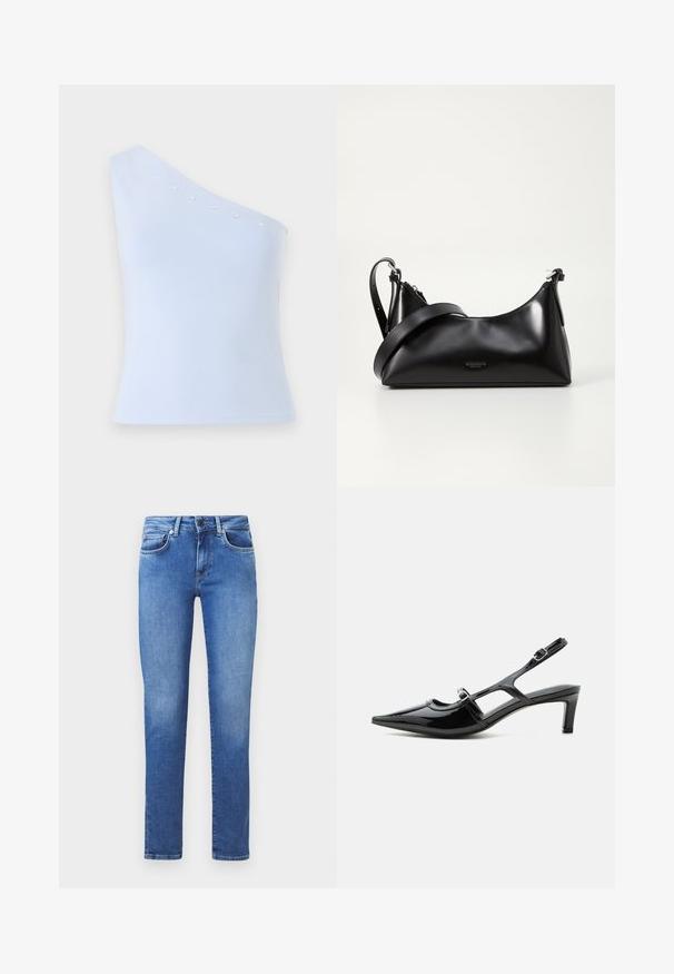 Lichtblauw, one-shoulder top gemaakt van zachte stof, met zilveren sterversieringen langs de halslijn en een getailleerde silhouet.; Blauwe denim jeans met een rechte snit, vijf zakken en een knoopsluiting. De stof heeft een gladde textuur met een lichte vervaging.; Zwarte lakleren slingback schoen met een spits toelopende neus, lage hak en twee verstelbare gespen, zijaanzicht.; Zwarte leren handtas met een gladde textuur. Beschikt over een verstelbare schouderband en een strak, minimalistisch ontwerp met een ritssluiting.