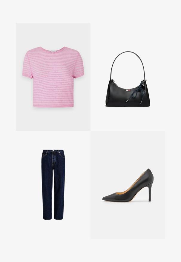 T-shirt rose cropped à manches courtes, avec un motif de logo répété dans une teinte légèrement plus foncée de rose. Encolure ronde, tissu doux.; Jeans en denim bleu foncé avec une coupe droite, dotés d'une taille haute, d'un style à cinq poches et de coutures contrastantes. Sans embellissements.; Escarpins noirs en cuir à bout pointu avec un talon aiguille, présentant une texture lisse et un design minimaliste. Intérieur doublé de couleur beige.; Sac à main en cuir noir avec une seule anse, une fermeture éclair argentée, une corde bleue nouée en nœud papillon et un petit logo rectangulaire sur le devant.
