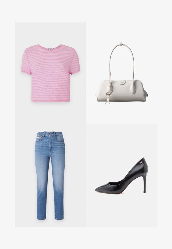Camiseta corta rosa con mangas cortas, que presenta un patrón de logo repetido en un tono de rosa ligeramente más oscuro. Cuello redondo, tejido suave.; Jeans de denim azul claro con cintura alta, piernas rectas y desvanecidos sutiles. Presentan pasadores para cinturón, cinco bolsillos y cierre de botón metálico.; Zapato de tacón alto de cuero negro con punta puntiaguda, con un diseño recortado y un pequeño detalle de logo dorado en el talón.; Bolso de hombro blanco de Calvin Klein con asas largas, forma rectangular, cierre de cremallera y charm decorativo con el logo colgando cerca del asa.