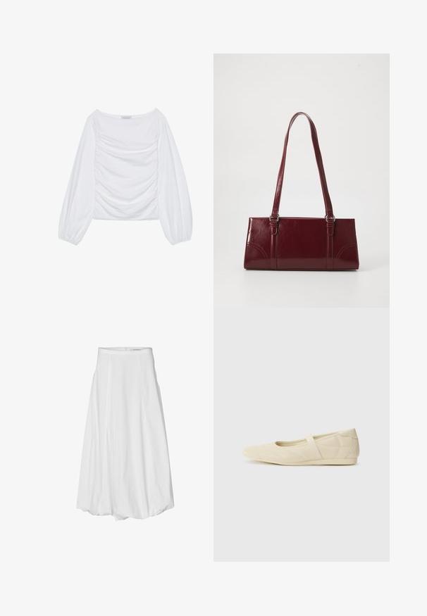 Top de manga larga blanca con un escote amplio y detalles fruncidos en el frente. Confeccionado en una tela suave y con mangas voluminosas.; Falda blanca hasta la rodilla con un material de algodón suave, con pliegues, una cintura ajustada y un cierre de cremallera en la parte posterior.; Bailarinas beige con un exterior de cuero liso, punta en forma de almendra y una correa elástica en el empeine, con detalles de costura sutiles.; Bolso burdeos hecho de material brillante, de forma rectangular, con dos asas para el hombro y sutiles acentos curvados en la parte frontal.