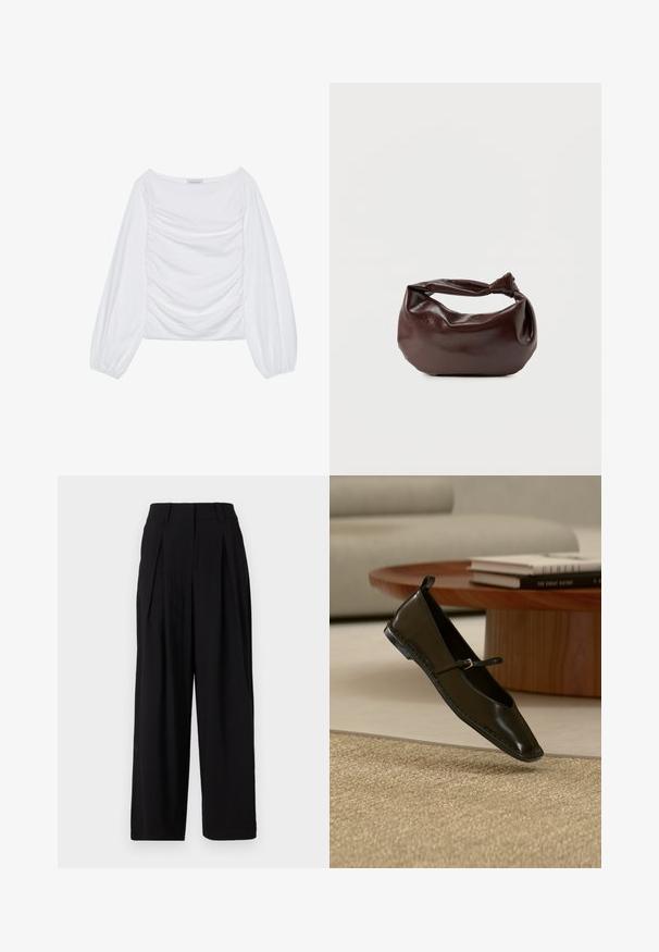 Top de manga larga blanca con un escote amplio y detalles fruncidos en el frente. Confeccionado en una tela suave y con mangas voluminosas.; Pantalones de pierna ancha negros, hechos de una tela suave, con una cinturilla alta, pliegues en la parte delantera y una silueta fluida.; Zapato plano Mary Jane de cuero negro flotando sobre una alfombra beige tejida, con una mesa redonda de madera y libros apilados de fondo.; Bolso de hombro de cuero marrón oscuro con una forma suave y caída, y un asa con nudo torcido sobre un fondo blanco liso.