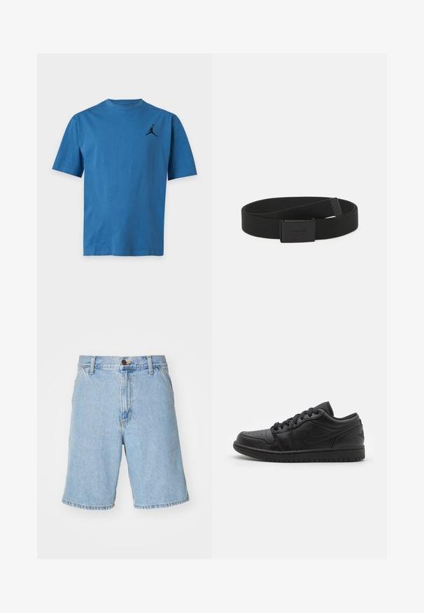 Blå t-shirt med korte ærmer og rund hals med en lille sort basketballspiller-logo på øverste venstre bryst.; Lysblå denim shorts med en afslappet pasform, der har lynlås og knaplukning samt fire lommer. Stoffet har en glat tekstur.; Sorte læder lavtop sneakers med perforeret tå, flade snørebånd, polstret krave og struktureret sål. Har et diskret logo på hælen.; Sort elastisk bælte med en rektangulær, mat sort spænde med en struktureret overflade. Enkel design, alsidig til forskellige outfits.
