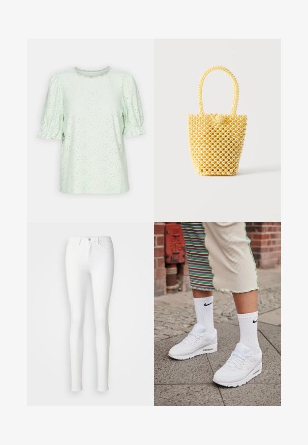 ONLY ONLNEW - T-shirts print - subtle green; Hvide skinny jeans lavet af strækbart bomuldsblandingsstof, der har forlommer, lynlås og en enkelt knaplukning.; Hvide Nike Air Max 90 sneakers med mesh og læderoverdel, der har en synlig luftenhed, parret med hvide ribbede sokker med sort logo.; Lille skuldertaske i spandstil lavet af skinnende cremefarvede perler med en håndtagsløkke af perler og dekorativ perleknaplukning.