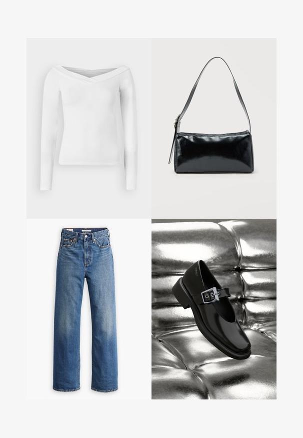 Hvid langærmet off-shoulder skjorte med V-formet halsudskæring og tætsiddende silhuet på hvid baggrund.; Lyseblå denimjeans med høj talje, bred benstil, klassisk fem-lomme design og subtil falmning på stoffet.; Sorte læder Mary Jane sko med firkantet tå, en sølv spænde accent og en chunky lav hæl, sat mod en glansfuld sølv baggrund.; Sort rektangulær skuldertaske med en enkelt justerbar rem og lynlås i toppen på en ensfarvet baggrund.