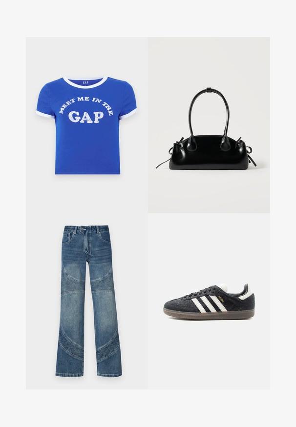 T-shirt en coton bleu avec un col rond et des poignets de manches blancs. Présente un texte à l'avant disant "RENCONTRE MOI DANS LE DÉCALAGE" en impression blanche vieillie.; Jean en denim bleu taille haute à jambes larges, avec des coutures courbées et des sections côtelées sur la partie inférieure. Style décontracté.; Baskets Adidas Samba noires avec des bandes blanches, semelle en gomme et texte doré "Samba" sur le côté, vues de profil gauche sur fond uni.; Petit sac à main noir brillant avec deux longues anses et des détails à cordon sur les côtés sur un fond clair uni.