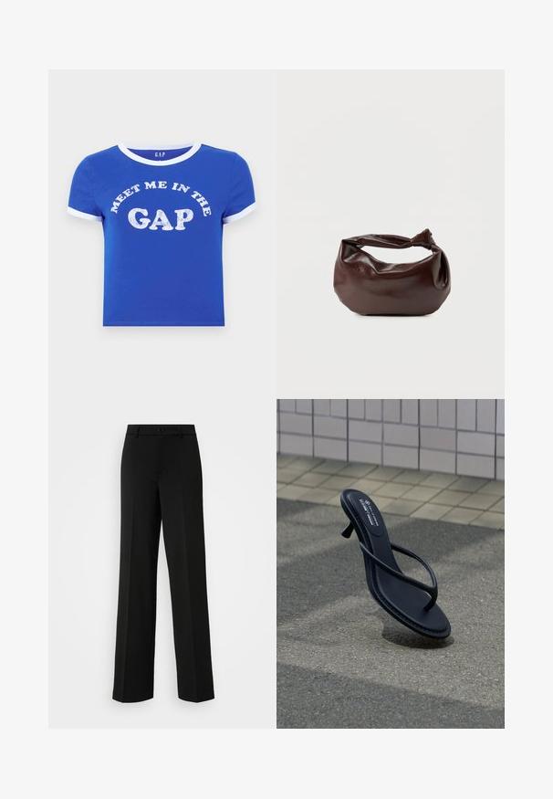 Blå bomulds-T-shirt med en hvid rund halsudskæring og ærmekanter. Har tekst foran med teksten "MØD MIG I GAP" i slidt hvidt print.; ONLY Tall ONLPEACH LIFE WIDE - Bukser - black; Sort sandal med hæl og remme svæver over en tekstureret grå belægning med en væg med fliser i baggrunden.; Mørkebrun læder skuldertaske med en blød, afslappet form og et snoet knudehåndtag på en ensartet hvid baggrund.