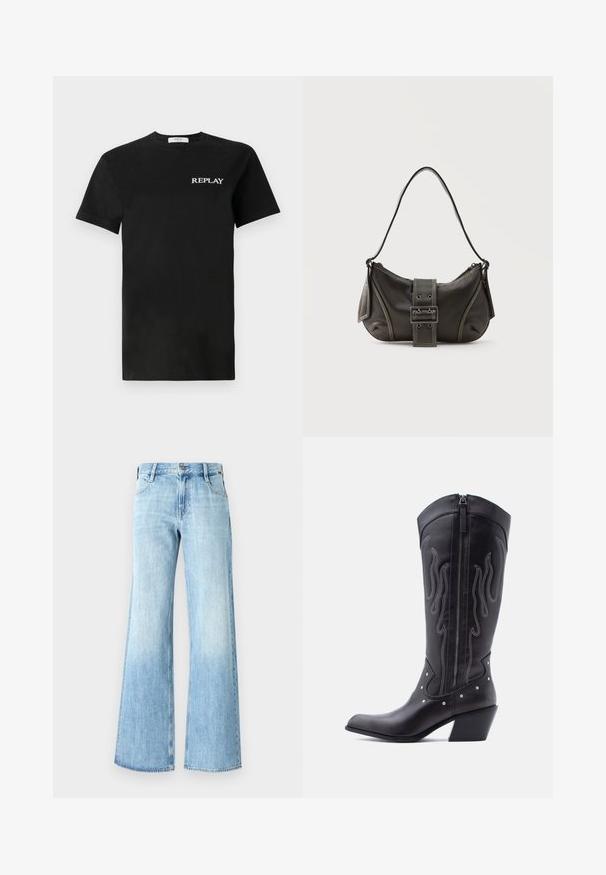 Sort bomulds T-shirt med korte ærmer, med et hvidt "REPLAY" logo på venstre bryst. Klassisk rund hals design.; Lyseblå denim flare jeans med høj talje, klassisk fem-lomme design og knaplukning, samt en let falmning nær kanten.; Sorte cowboystøvler i læder med spids tå, synlige sømme, sølvfarvede nitte-detaljer og lynlås på den indvendige side.; Sort læder skuldertaske med spænde på remmen, afrundede kanter og kontrasterende hvide syninger på en ensfarvet baggrund.