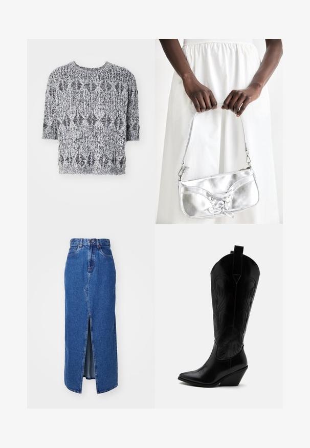 Korte mouwen, gebreide trui in zwart en wit. Bevat een textuurpatroon met een ronde halslijn en een licht oversized pasvorm.; Denim maxi rok in medium blauw met een voorste split, hoge taille en klassiek vijf-pocket ontwerp. Geweldige contraststiksels en een ritsluiting.; Zwarte leren cowboylaars met puntige neus, schuine blokhak, decoratieve stiksels en aantreklusjes bovenaan tegen een witte achtergrond.; Zilveren metalen handtas met vetersluiting, met een strak ontwerp en een korte schouderriem. De tas wordt vastgehouden in de handen, waardoor de textuur goed tot zijn recht komt.