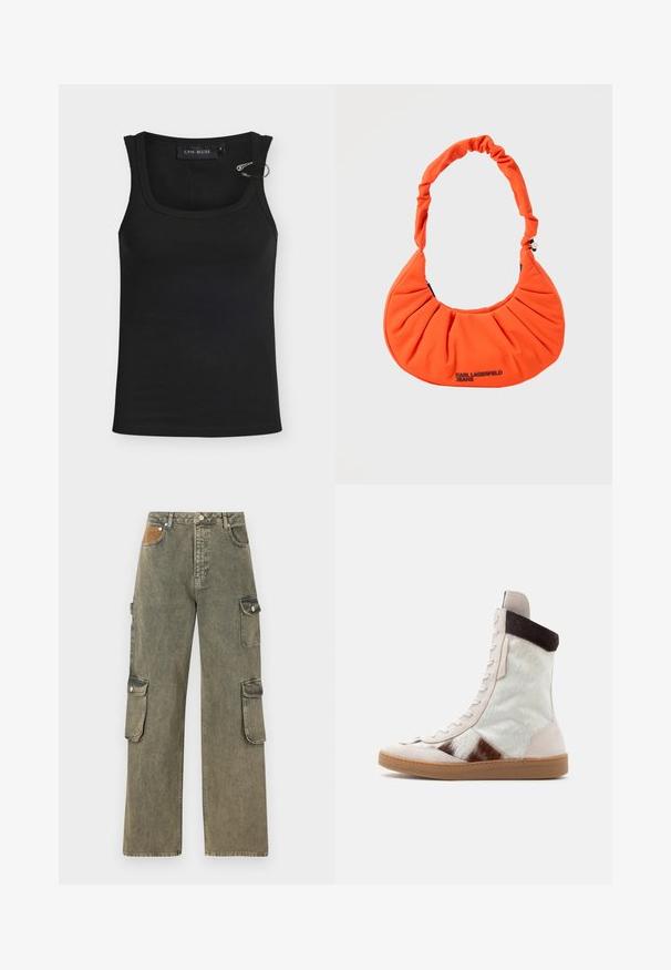 Zwart geribd tanktop met een afgeronde halslijn, voorzien van een metalen accenten op de schouder en een logolabel aan de binnenkant. Zachte textuur.; Cargo pants in grijsgroen denim, met een hoge taille, wijd gesneden pijpen, twee zijvakjes en een gestructureerd tan stuk aan de voorkant.; Hoge sneaker met witte en bruine bontpanelen, witte veters, donkerbruine kraag en lichtbruine rubberen zool.; Fel oranje, halvemaanvormige handtas met geplooide stof en gevoerde riem, met "Karl Lagerfeld Jeans" logo aan de voorkant.