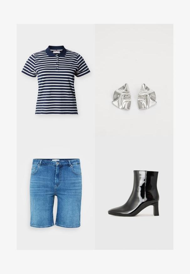 Navyblaue und weiße horizontal gestreifte Poloshirt mit kurzen Ärmeln, navyfarbenem Kragen und vier Knöpfen an der vorderen Knopfleiste.; Jeansshorts in Mittelblau, mit geradem Schnitt, Fünf-Taschen-Design und Knopfverschluss. Weicher Stoff, saubere, gesäumte Kanten.; Schwarzer Lackleder-Stiefelette mit spitzer Zehe und einem mittelhohen Blockabsatz. Glatte Textur und minimalistisches Design.; Silberne Metallohrringe mit einem wellenförmigen, skulpturalen Design, das eine polierte Oberfläche und unregelmäßige Formen aufweist, die eine zeitgenössische Ästhetik betonen.