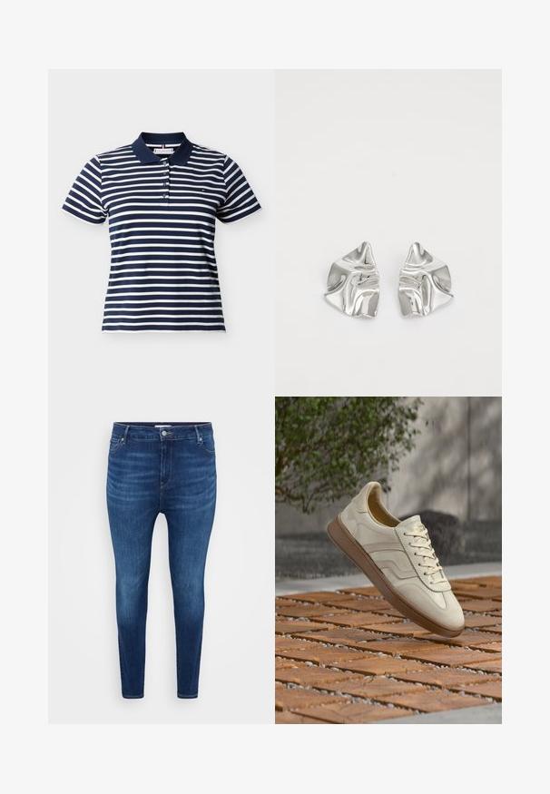 Korte mouw polo met horizontale strepen in marineblauw en wit, met marineblauwe kraag en vier knopen op de voorbies.; Donkerblauwe skinny jeans met voorzakken, riemlussen en een knoopsluiting op een lichte effen achtergrond.; Sneaker in roomkleur met een gestructureerde beige rubberen zool, vetersluiting en subtiele merkdetails aan de zijkant. Bovenwerk van glad leer.; Zilveren metalen oorbellen met een golvend, sculpturaal ontwerp, voorzien van een gepolijste afwerking en onregelmatige vormen, die een hedendaagse esthetiek benadrukken.
