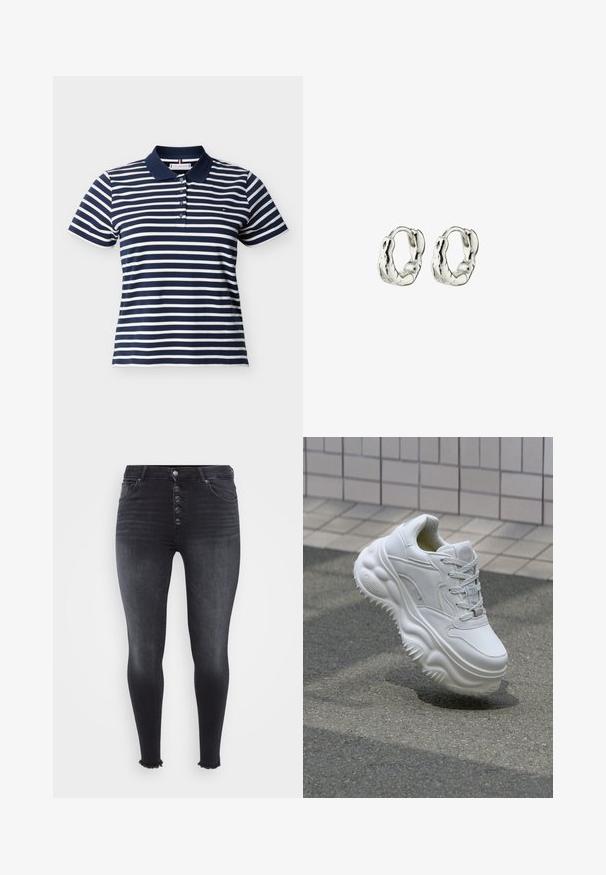 Kortærmet polo t-shirt med horisontale striber i marineblå og hvid, med navy krave og fire knapper på fronten.; Højtaljede sorte skinny jeans med knaplukning foran, falmet tekstur og frynset kant detalje. Fremstillet af denim materiale.; Hvide lædersneakers med en kraftig sål, teksturerede detaljer og snørelukning. Har formede accenter og en glat finish.; Sølv hoop øreringe med en struktureret, organisk design. Hver ørering har en glat, afrundet form og en poleret finish.