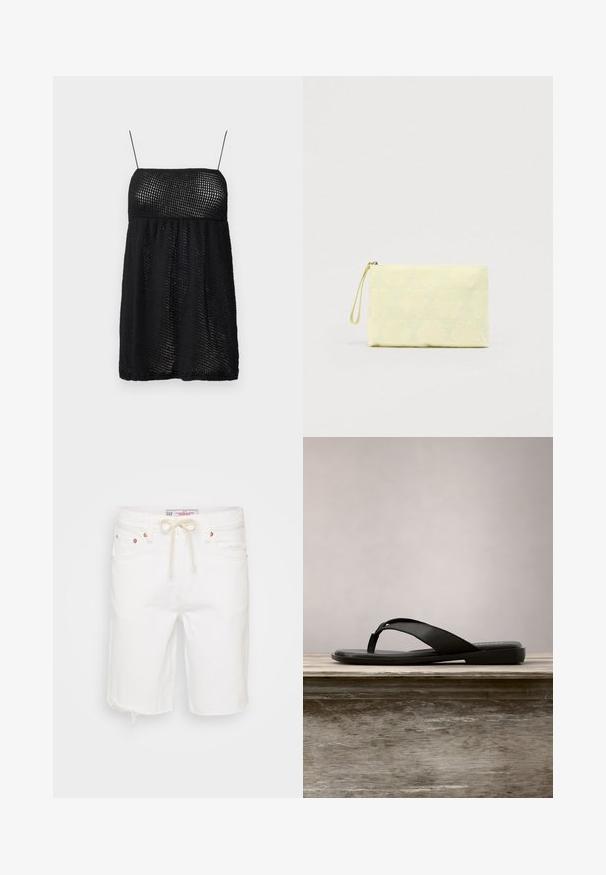 Sort ærmeløs kjole med tætsiddende bodice og flagrende skørt, der har et struktureret mesh mønster og justerbare spaghetti stropper.; Hvide denim shorts med en frynsedetalje i bunden, der har en justerbar talje med snøring, fem lommer og hardware i kobberfarve.; Sort klipklap med flad sål og tynde stropper. Fremstillet af glat gummi, der fremviser et minimalistisk design. Enkel branding på indersålen.; Gul blomsterprintet pung lavet af blødt stof med lynlås og håndledsrem. Tekstureret blomsterdesign på overfladen.