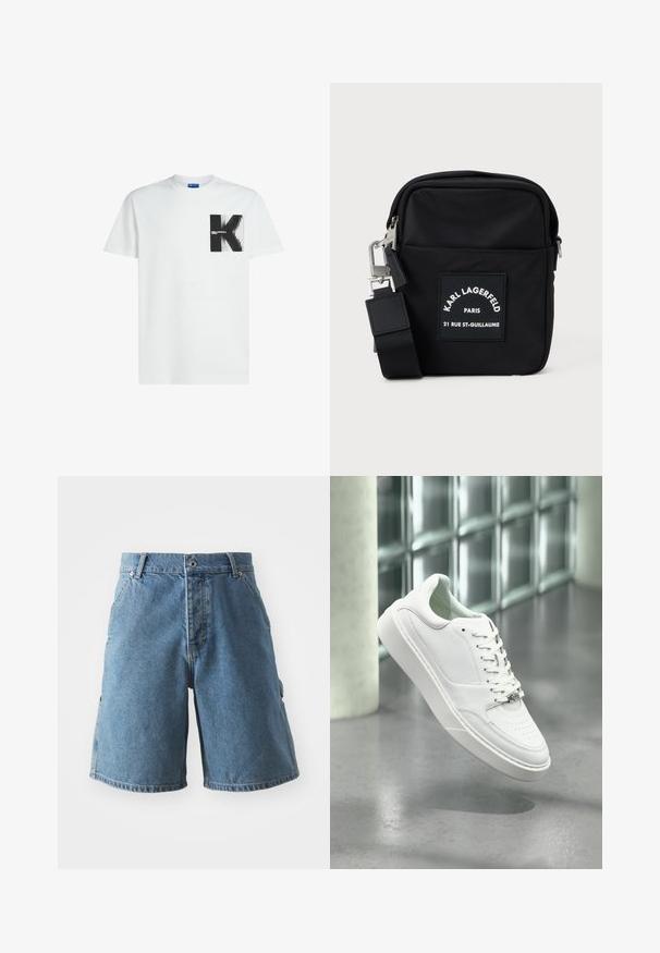 Witte t-shirt met korte mouwen en zwart vierkant logo met een gestileerde "K" en de tekst "Karl Lagerfeld Jeans" op de borst.; Lichtblauwe denim shorts. Heeft een klassiek vijf-pocket ontwerp, knoopsluiting en rechte snit. Stof ziet er zacht uit met een lichte vervaging.; Witte leren sneaker met een afgeronde neus, vetersluiting aan de voorkant en een platte rubberen zool. Voorzien van geperforeerde details en een subtiel logo-accent.; Zwarte nylon schoudertas met een rechthoekige vorm, voorzien van een voorste logo-label, zilverkleurige hardware en een verstelbare schouderband.
